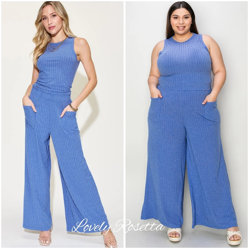 Blue Ribbed Tank and Wide Leg Pants Set